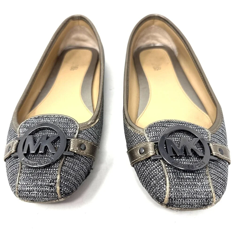 Michael Kors Fulton Ballerina Flat Womens Sz 7 Signature Silver Gold Sparkle Moc